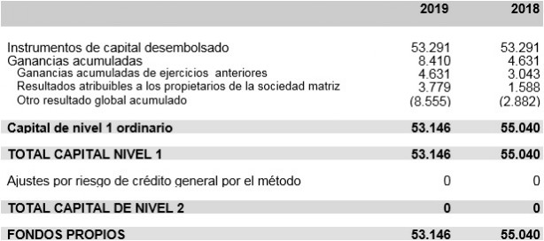 Tabla 2. Informe Prudencial 2019. Banco de la Nación Argentina. Sucursal en España